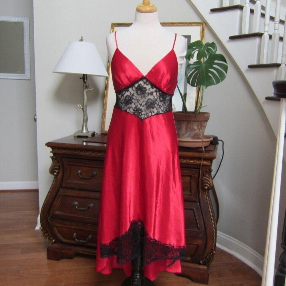 Vintage Gold Label Victoria's Secret Satin Slip Dress Gown Red Black Lace Size M